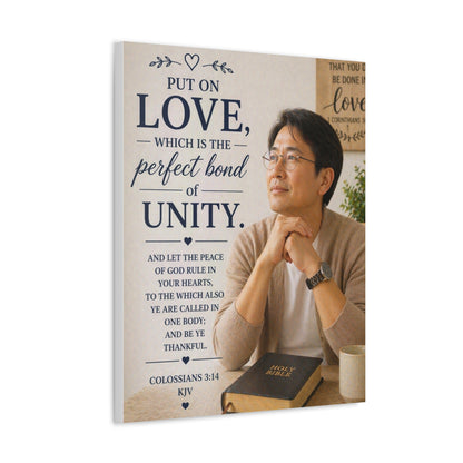 Canvas Wall Art — “Put On Love” Colossians 3:14 Religious Unity Print