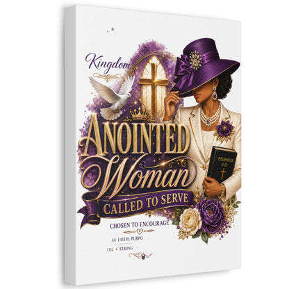 Anointed Woman Stretched Canvas — "Called to Serve" Faith Wall Art (Purple Hat & Bible)