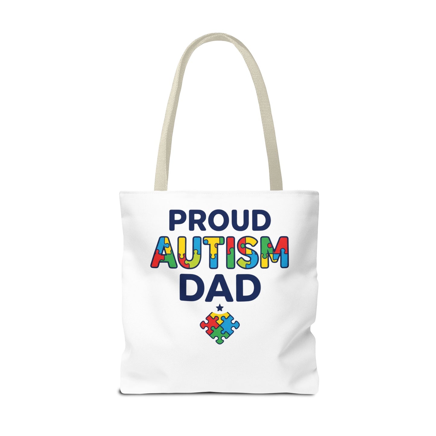 Proud Autism Dad Tote Bag — Colorful Puzzle-Heart Support Gift
