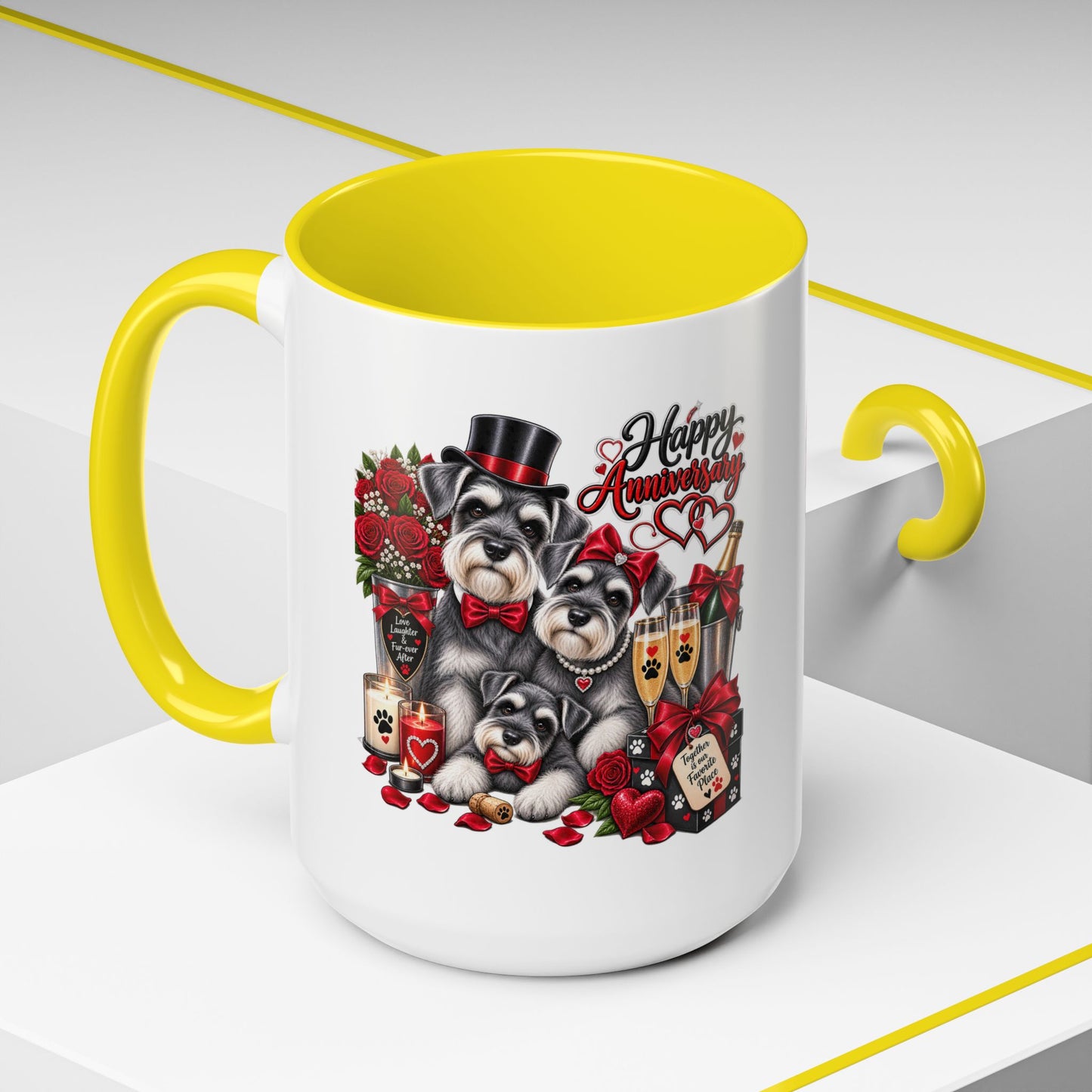 Happy Anniversary Dog Coffee Mug — Cute Pups, Champagne & Roses Accent Mug