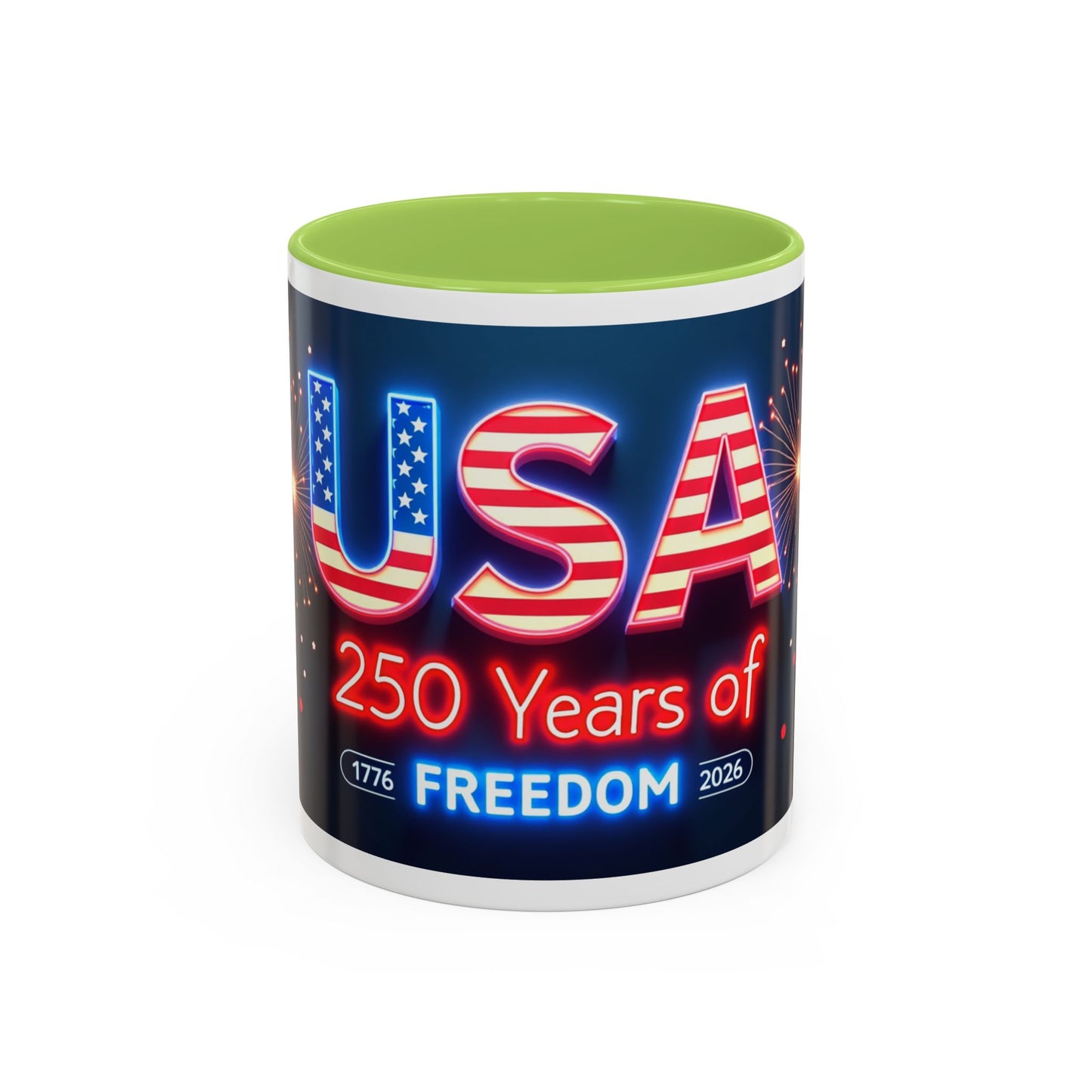 USA 250 Years of Freedom Accent Coffee Mug — Patriotic 1776–2026 Fireworks Design (11/15oz)