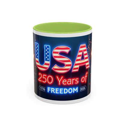 USA 250 Years of Freedom Accent Coffee Mug — Patriotic 1776–2026 Fireworks Design (11/15oz)