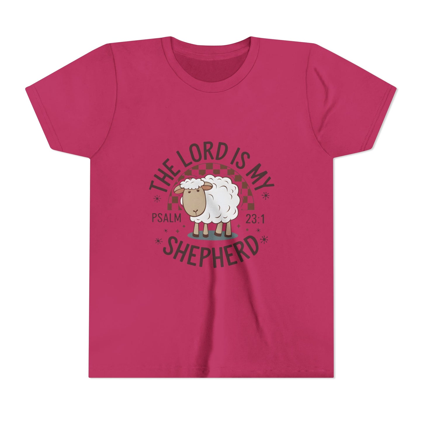 Youth Tee — "The Lord Is My Shepherd" Psalm 23:1 Christian Kids T‑Shirt (Sheep Design)