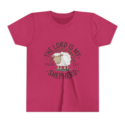 Youth Tee — "The Lord Is My Shepherd" Psalm 23:1 Christian Kids T‑Shirt (Sheep Design)