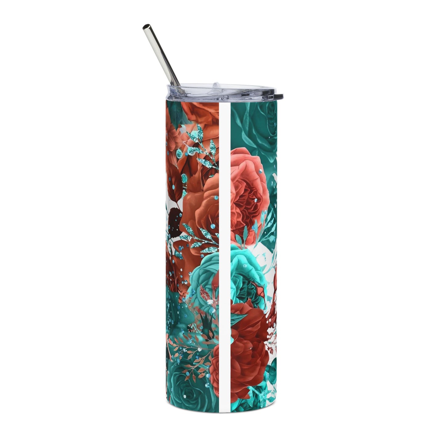 Nursery Floral 20oz Stainless Steel Tumbler — Rose & Teal Vertical Name Design