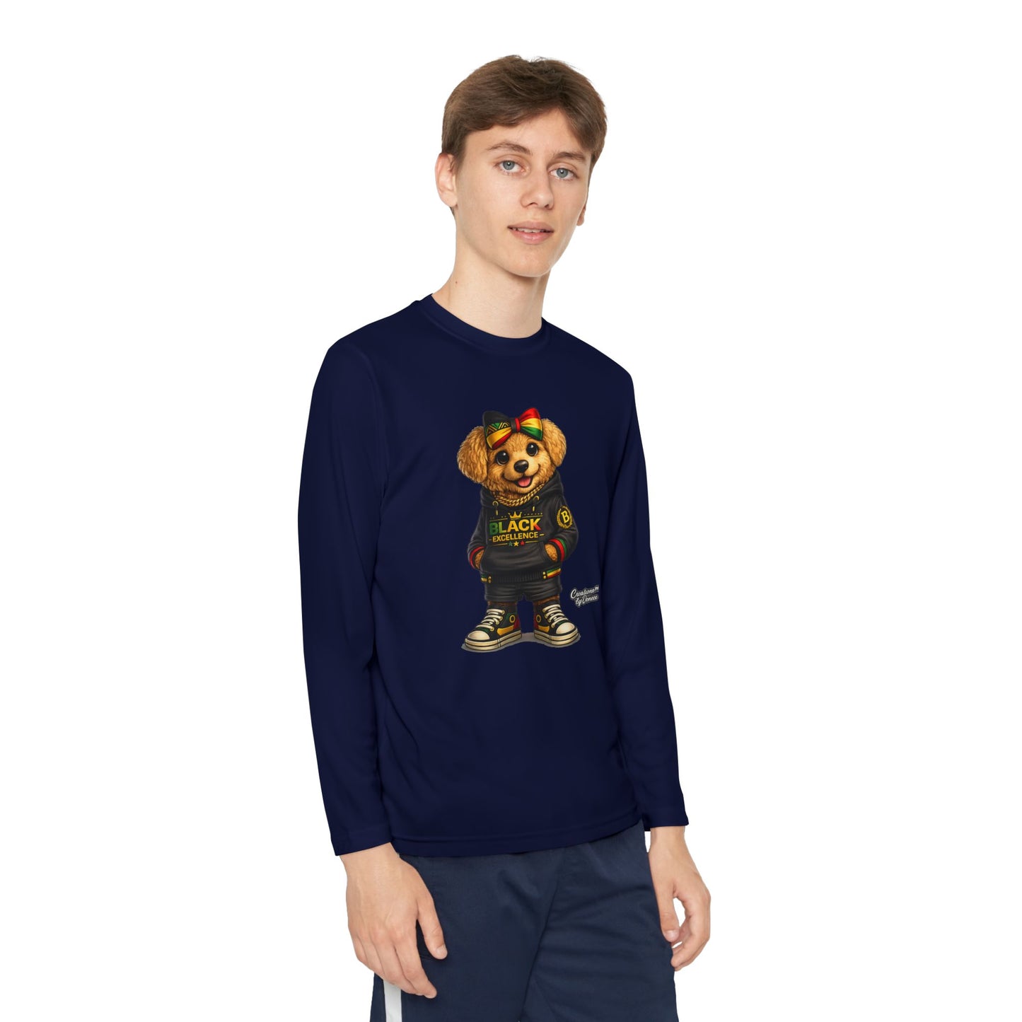 Youth Long Sleeve Tee — Trendy Bear Graphic "Black Excellence"