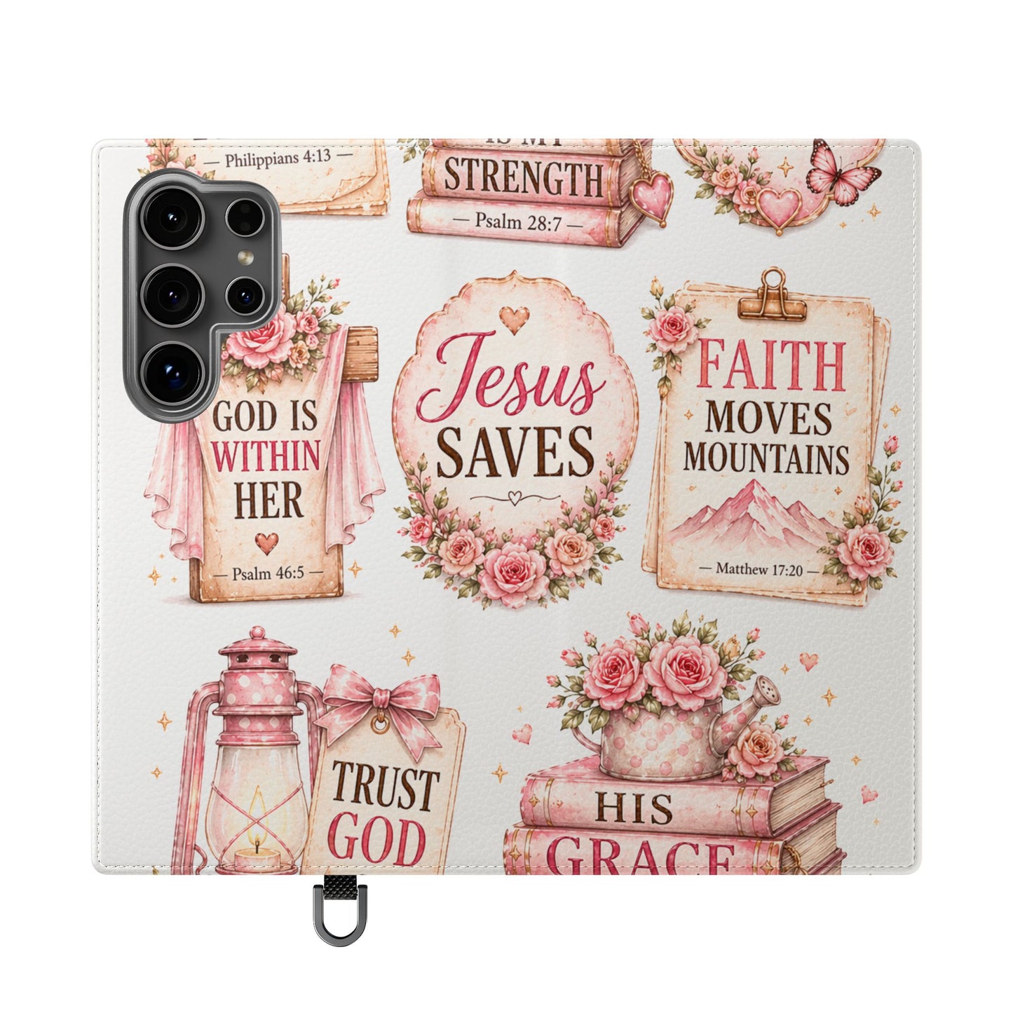 Christian Floral Phone Flip Case — "Jesus Saves" & Inspirational Scripture Wallet Cover