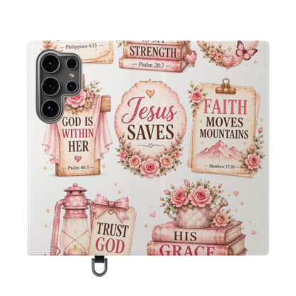 Christian Floral Phone Flip Case — "Jesus Saves" & Inspirational Scripture Wallet Cover