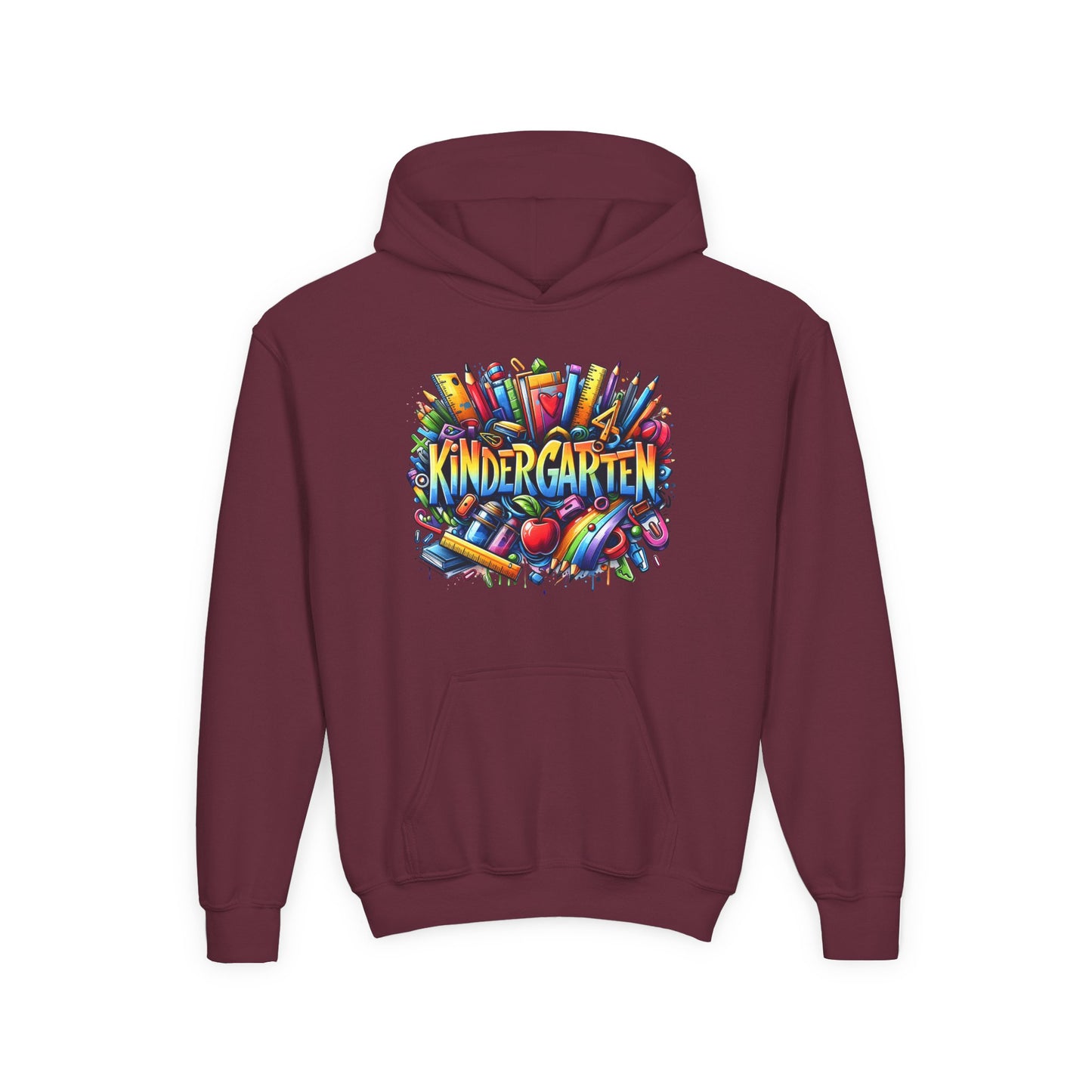 Kindergarten Kids Hoodie — Colorful School Supplies Back-to-School Sweatshirt