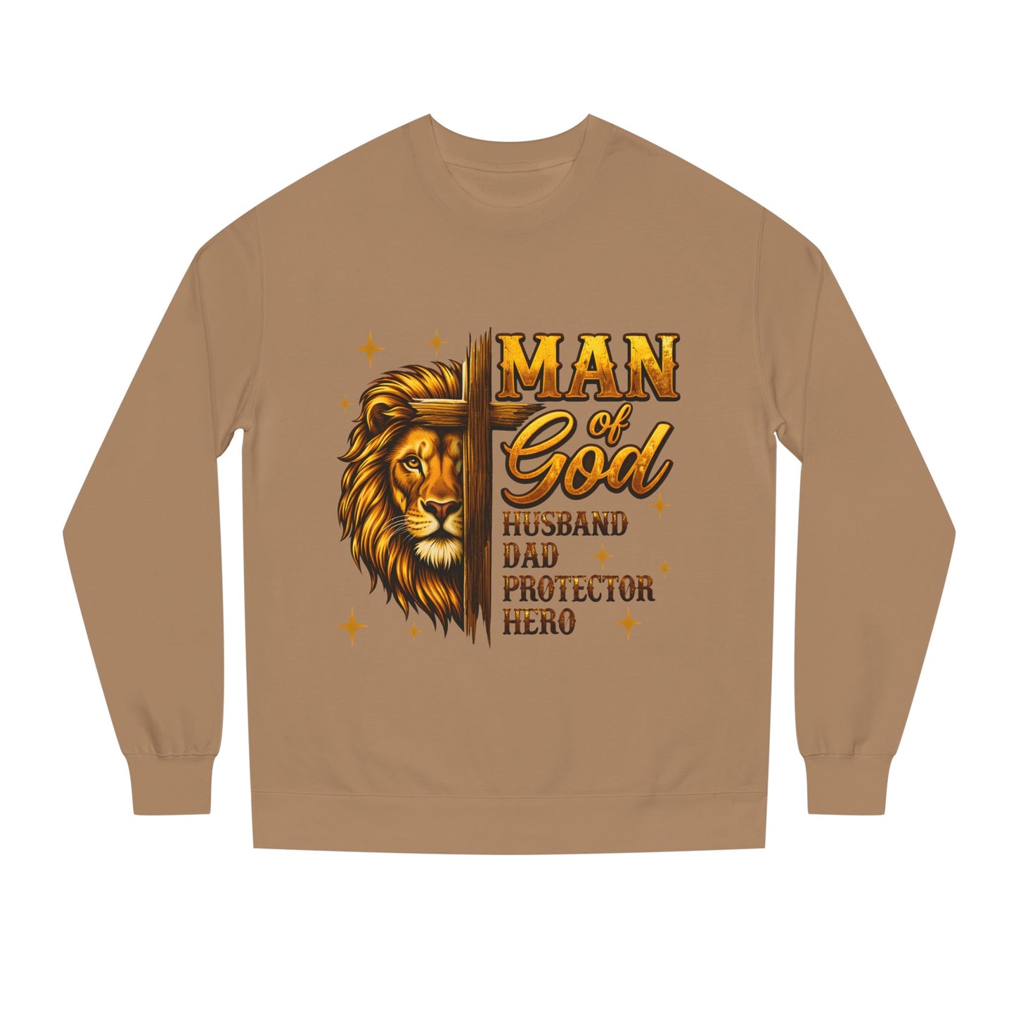 Man of God Sweatshirt — Lion Graphic, "Husband Dad Protector Hero" Faith Pullover