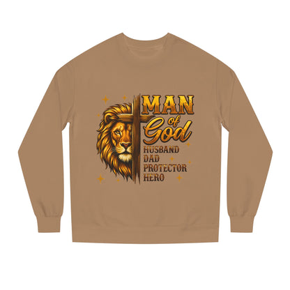 Man of God Sweatshirt — Lion Graphic, "Husband Dad Protector Hero" Faith Pullover