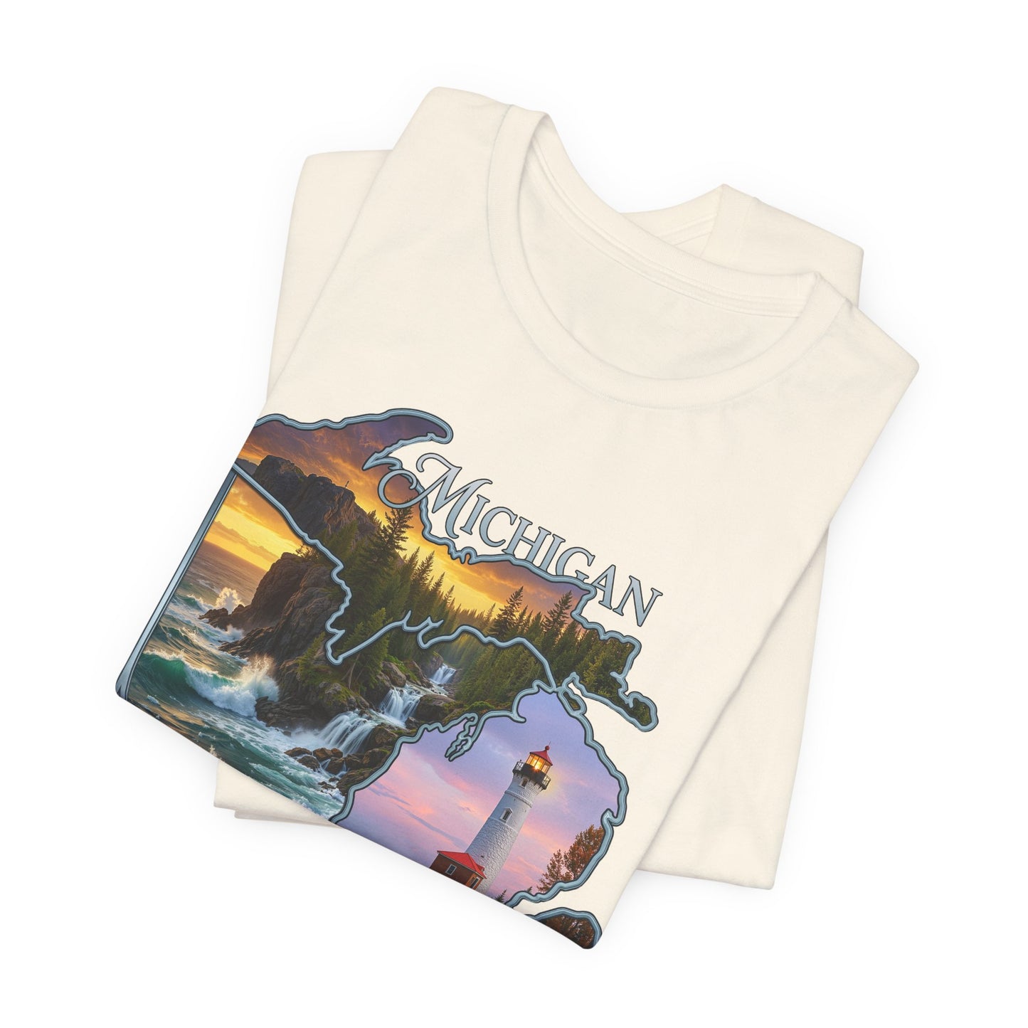 Michigan Scenic Map T-Shirt — Great Lakes Lighthouse Sunset Tee