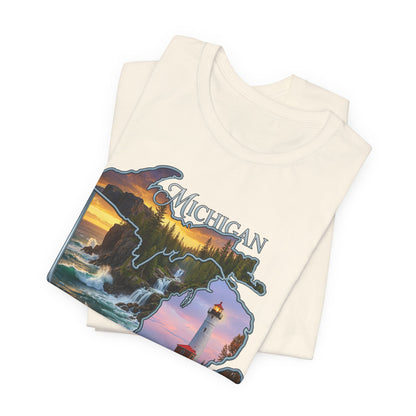 Michigan Scenic Map T-Shirt — Great Lakes Lighthouse Sunset Tee