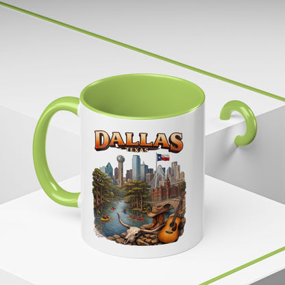 Dallas Skyline Accent Coffee Mug — Texas Souvenir Mug with Guitar & Cityscape