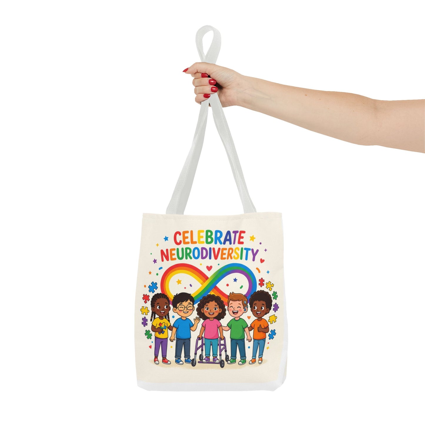 Celebrate Neurodiversity Tote Bag — Rainbow Infinity Symbol with Diverse Kids
