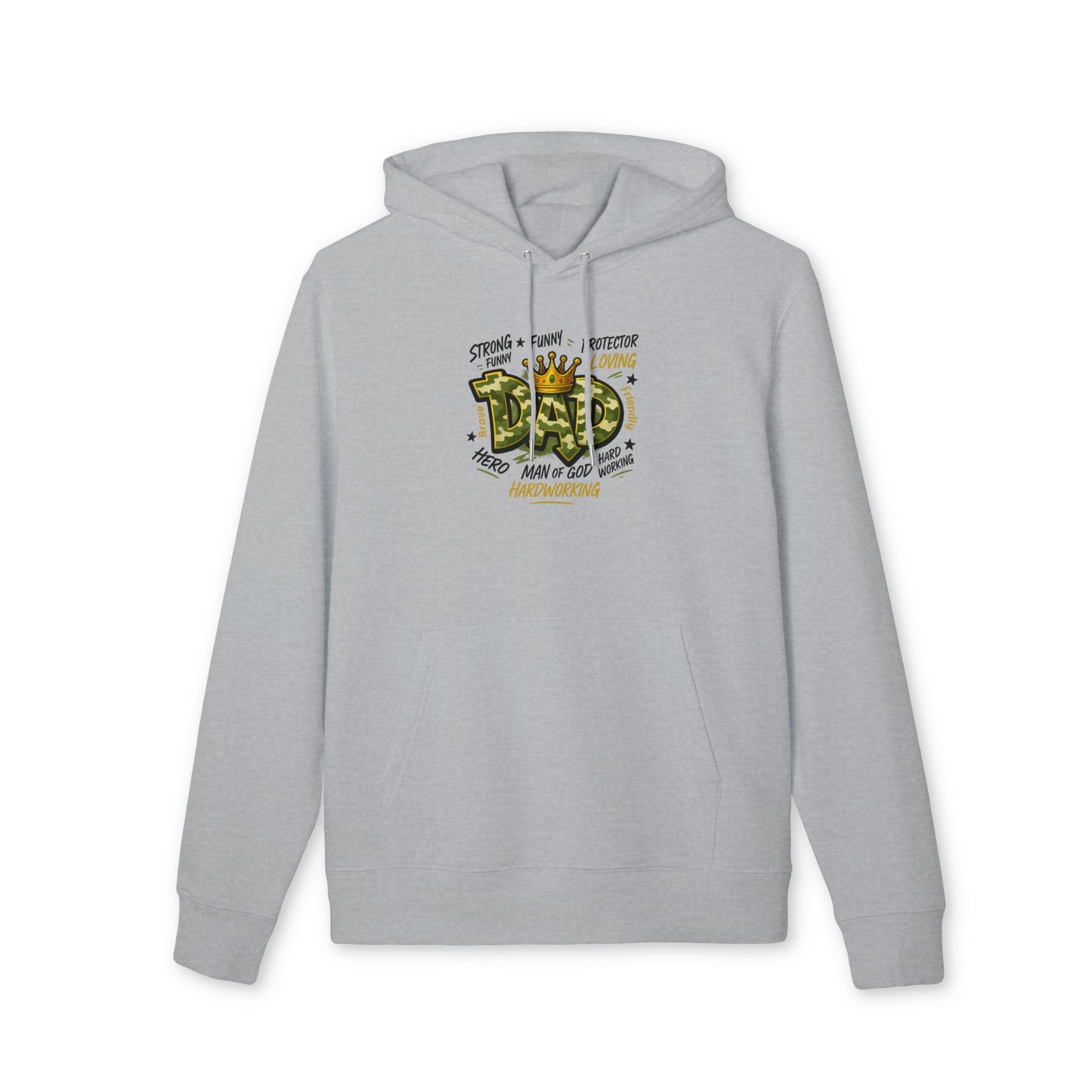 Dad Hoodie — 'Dad' Crown Graphic with 'Strong • Funny • Protector' Typography