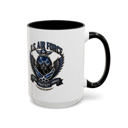 U.S. Air Force Emblem Accent Coffee Mug — Defend Protect Dominate (11/15oz)
