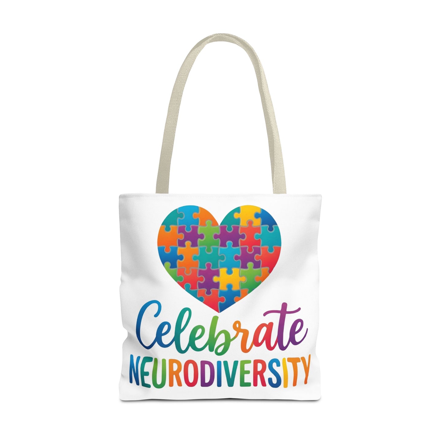 Celebrate Neurodiversity Tote Bag – Rainbow Puzzle Heart Awareness Tote