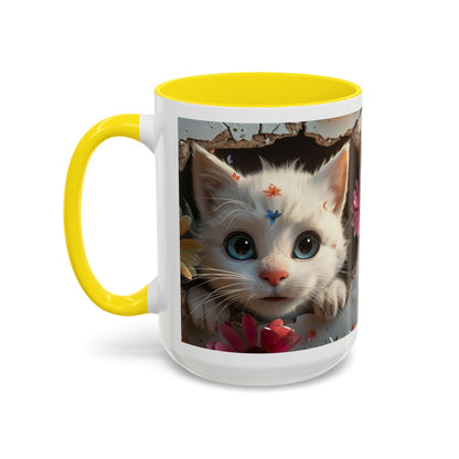 Cute White Kitten Coffee Mug – Floral Accent 11/15oz