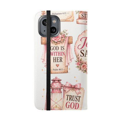 Christian Floral Phone Flip Case — "Jesus Saves" & Inspirational Scripture Wallet Cover