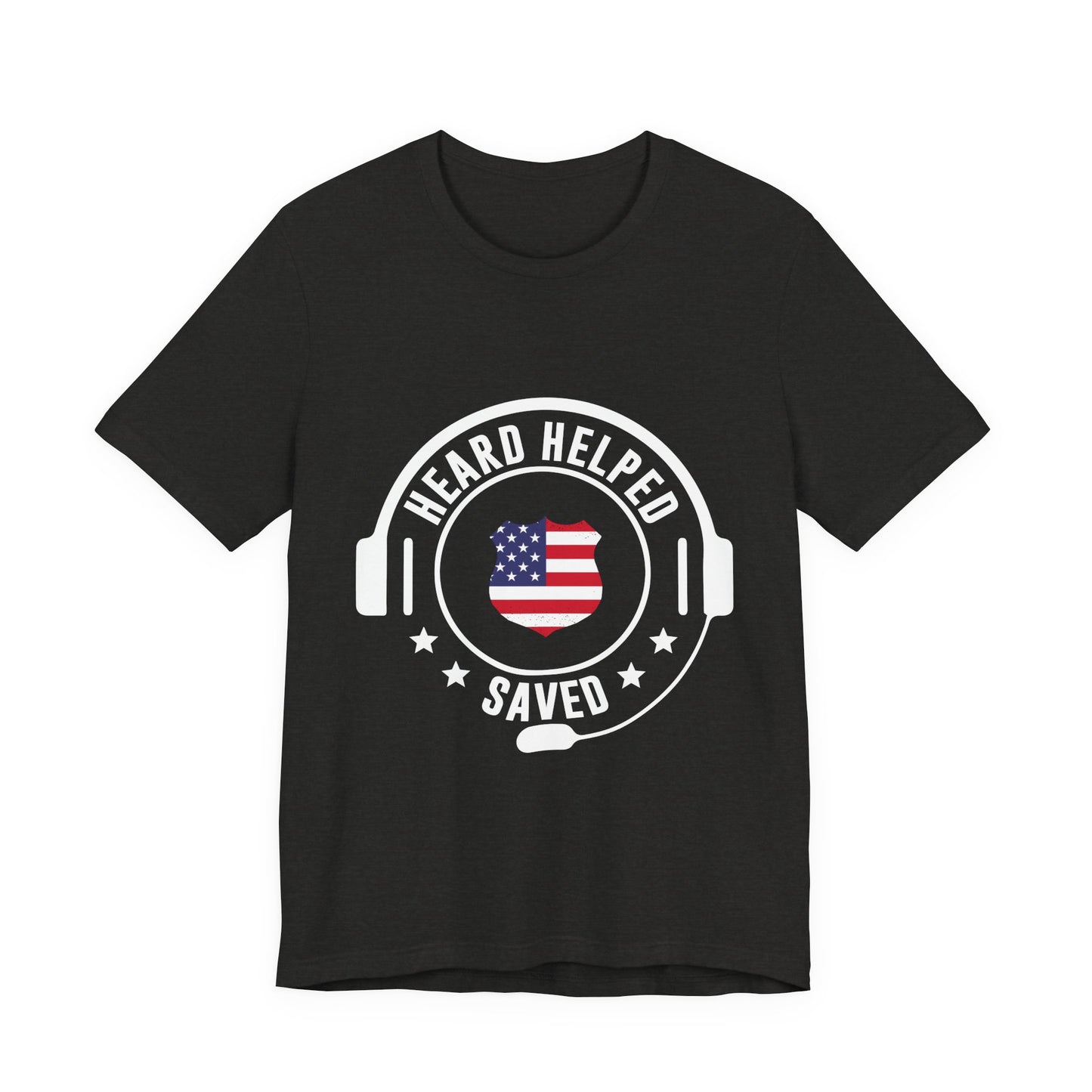 Headset Logo T-Shirt — "Heard Helped Saved" American Flag Design