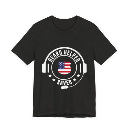 Headset Logo T-Shirt — "Heard Helped Saved" American Flag Design