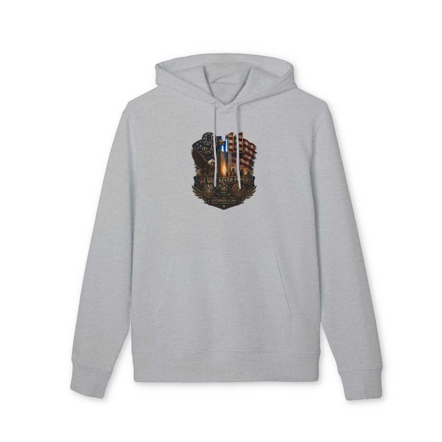 Patriotic Memorial Hoodie — "We Will Never Forget" American Flag & Thin Blue Line Design