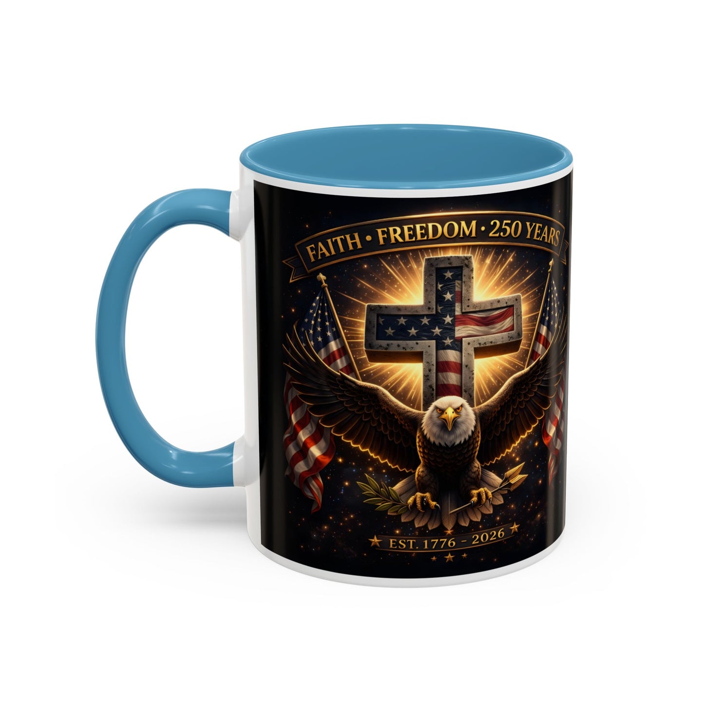 Patriotic Faith & Freedom Accent Coffee Mug — Eagle, Cross & American Flag (1776–2026)