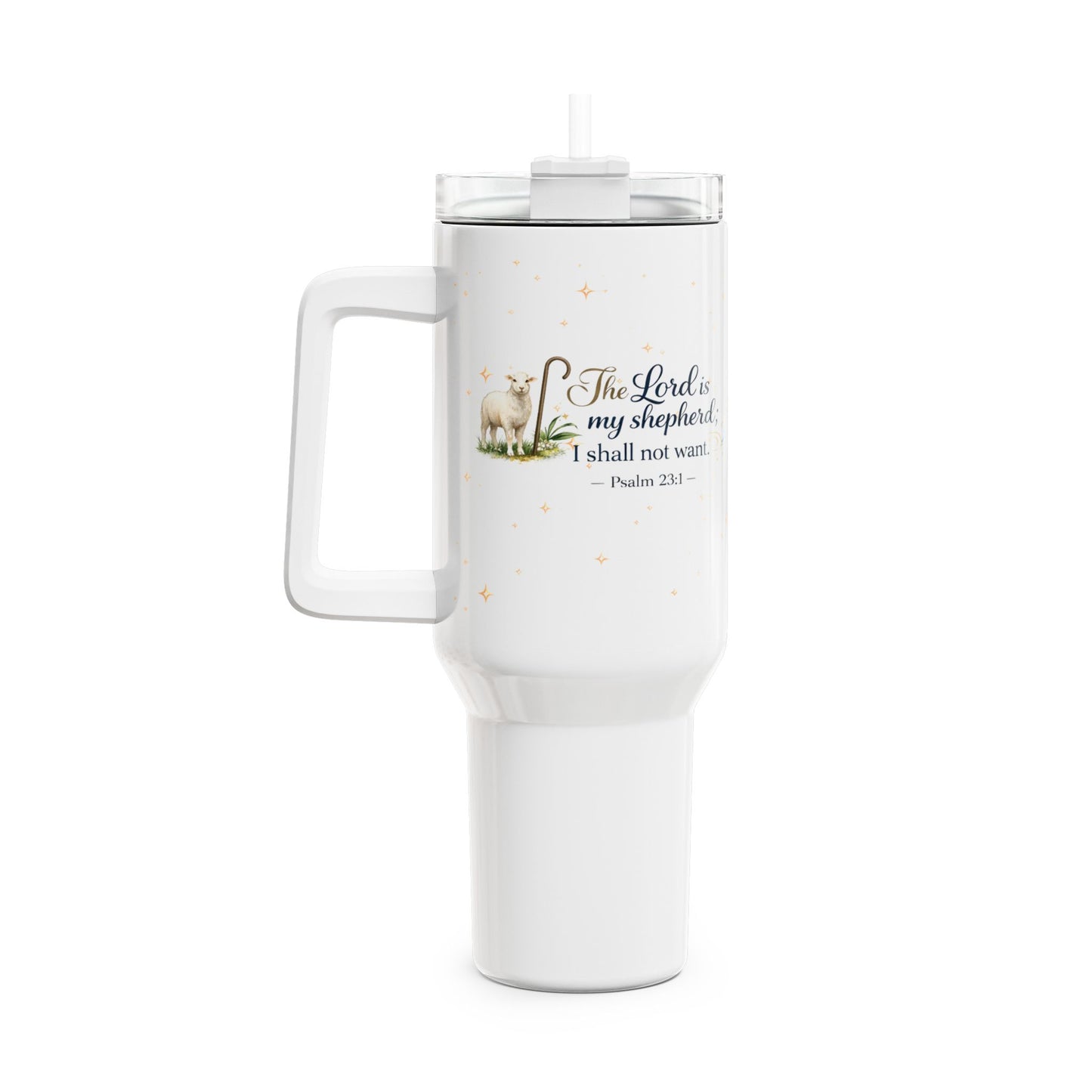 40oz Inspirational Tumbler – “The Lord is my shepherd, I shall not want” Psalm 23:1 Travel Mug with Lamb Design