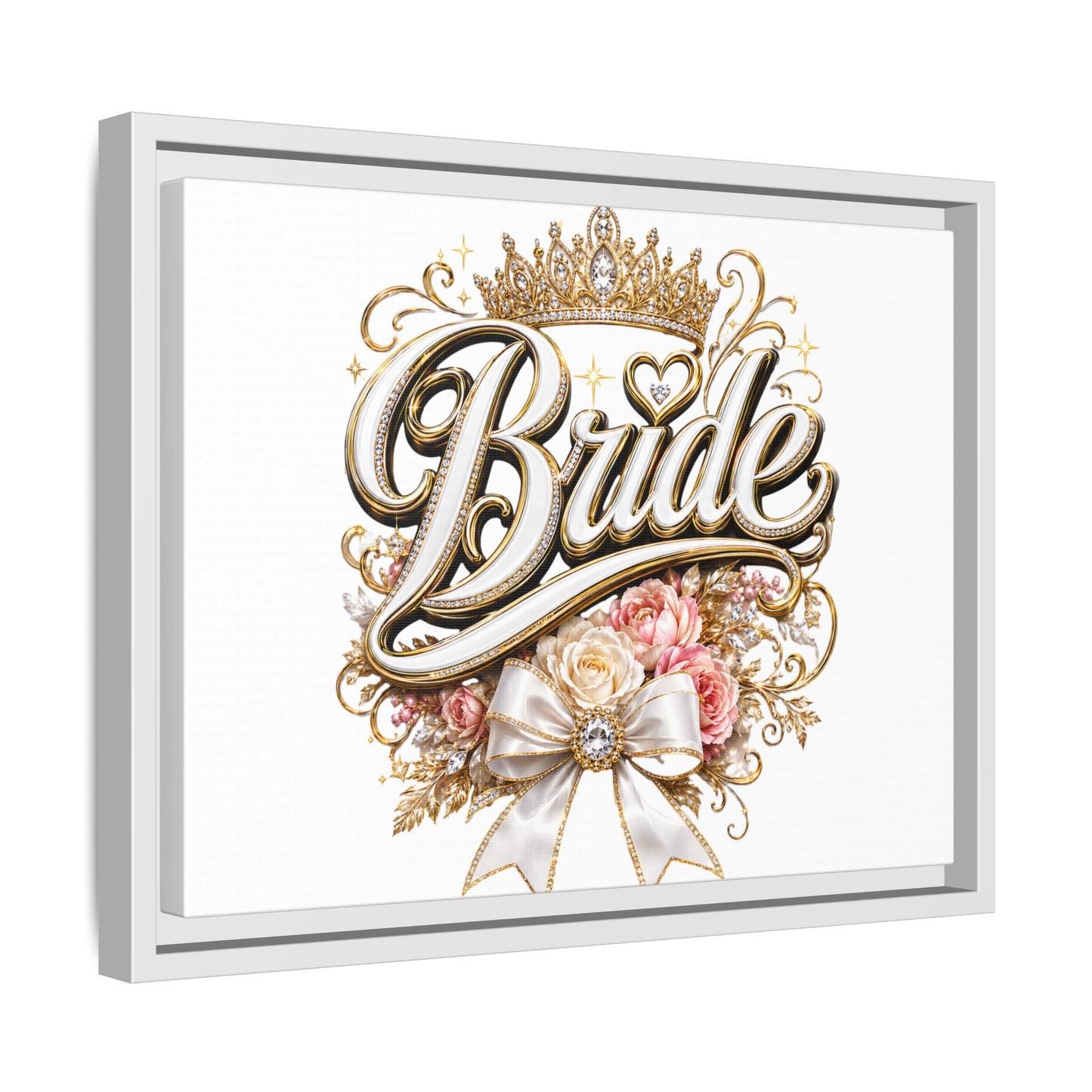 Framed Bride Canvas Wall Art — Elegant Bridal Crown & Floral Wedding Decor
