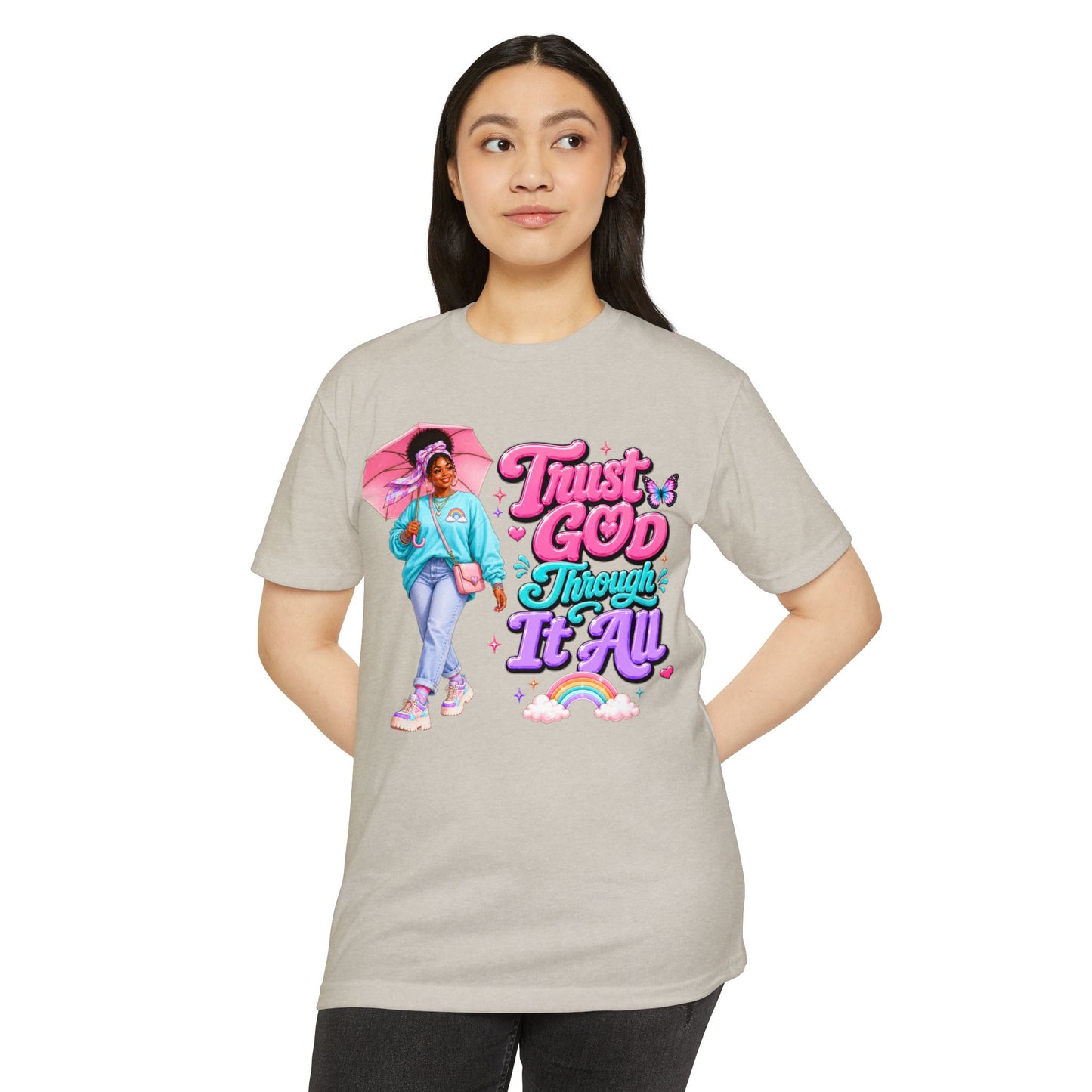 Trust God Through It All T-Shirt — Inspirational Faith Tee with Colorful Girl Illustration
