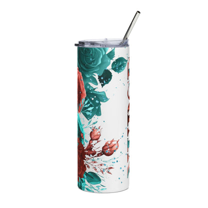 Nursery Floral 20oz Stainless Steel Tumbler — Rose & Teal Vertical Name Design