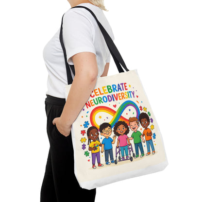 Celebrate Neurodiversity Tote Bag — Rainbow Infinity Symbol with Diverse Kids