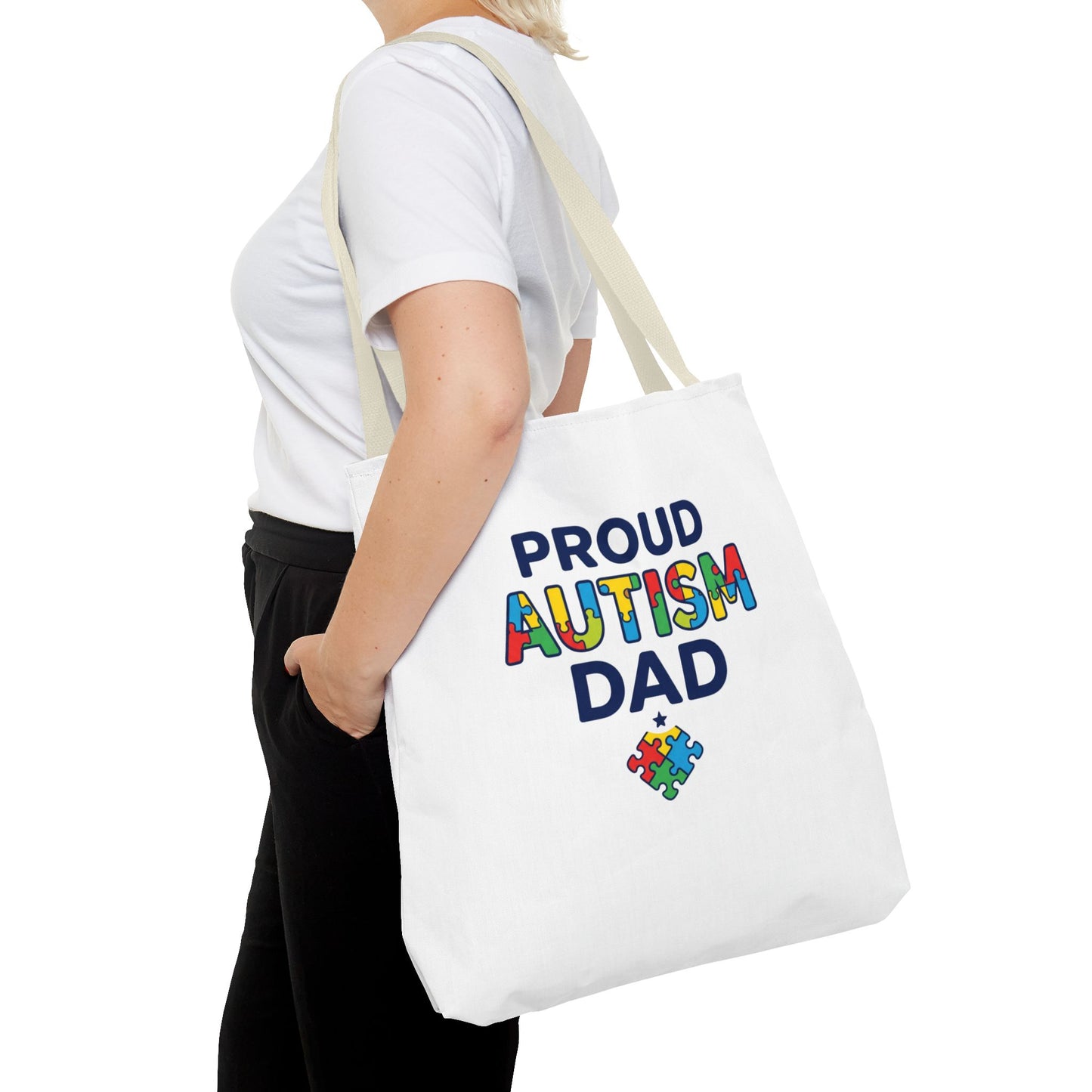 Proud Autism Dad Tote Bag — Colorful Puzzle-Heart Support Gift