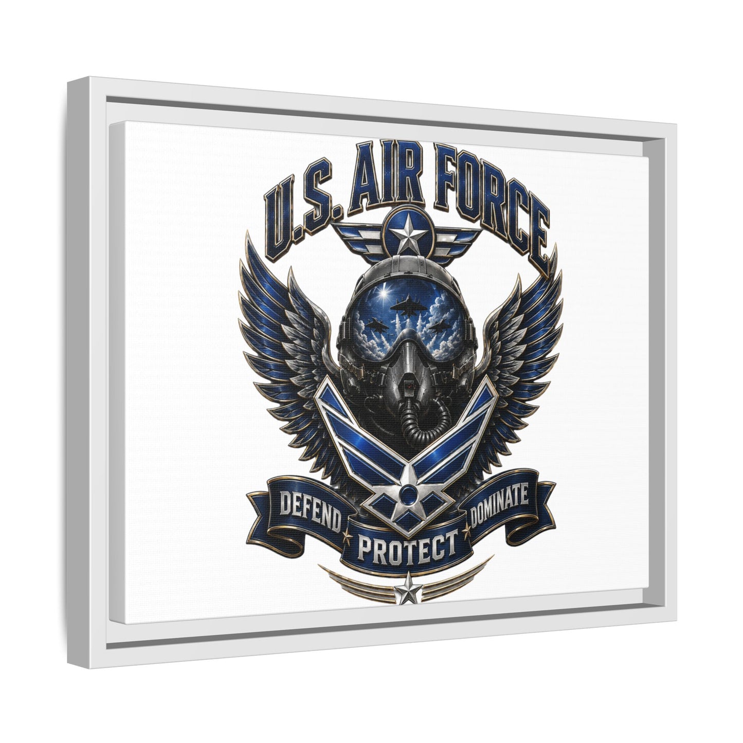 U.S. Air Force Emblem Framed Canvas Print – "Defend Protect Dominate" Military Wall Art