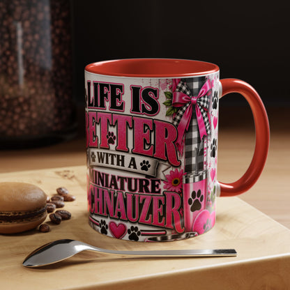 Life Is Better With A Miniature Schnauzer Accent Coffee Mug — Pink Paw Print Dog Lover Gift (11/15oz)
