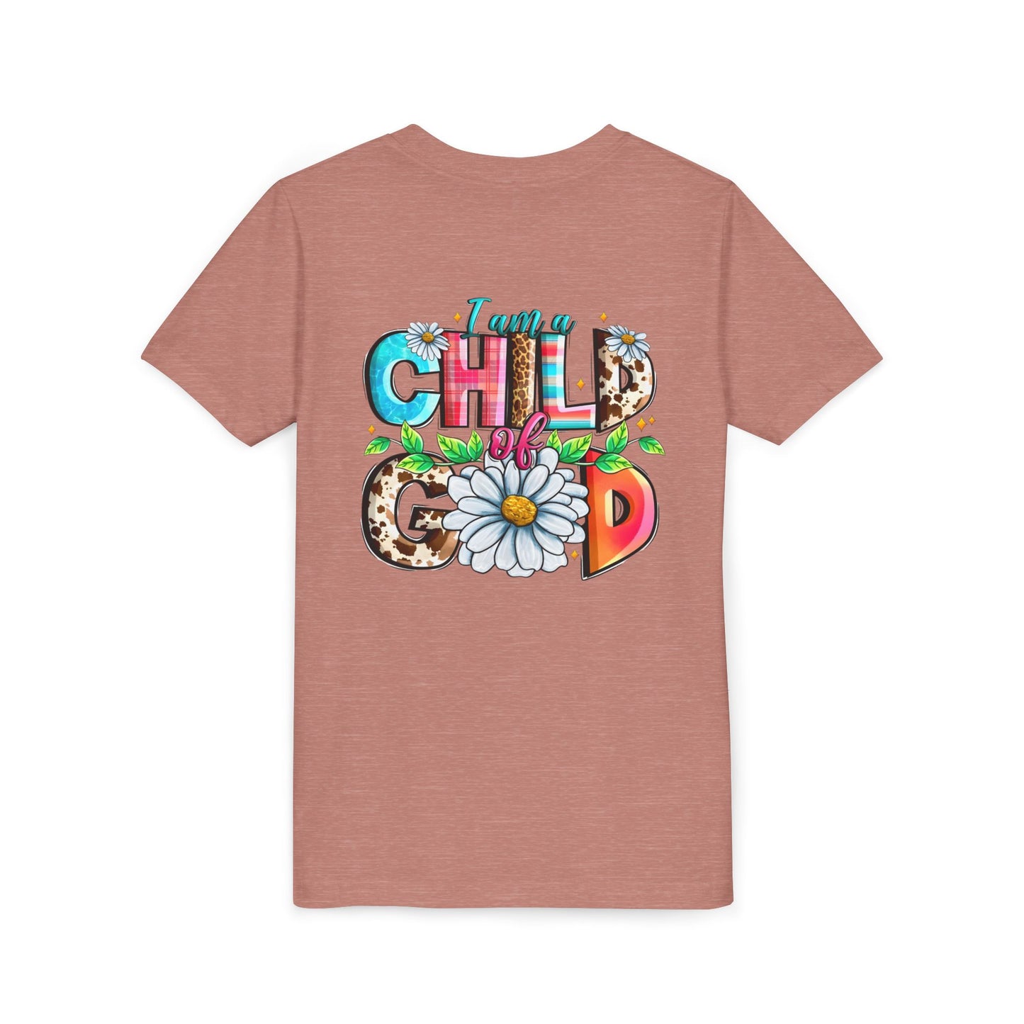 Youth Tee — "I Am a Child of God" Floral Christian Graphic