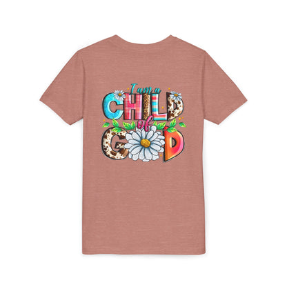 Youth Tee — "I Am a Child of God" Floral Christian Graphic