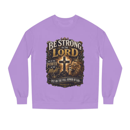 Christian Crewneck Sweatshirt — “Be Strong in the Lord” Cross & Lion Faith Pullover