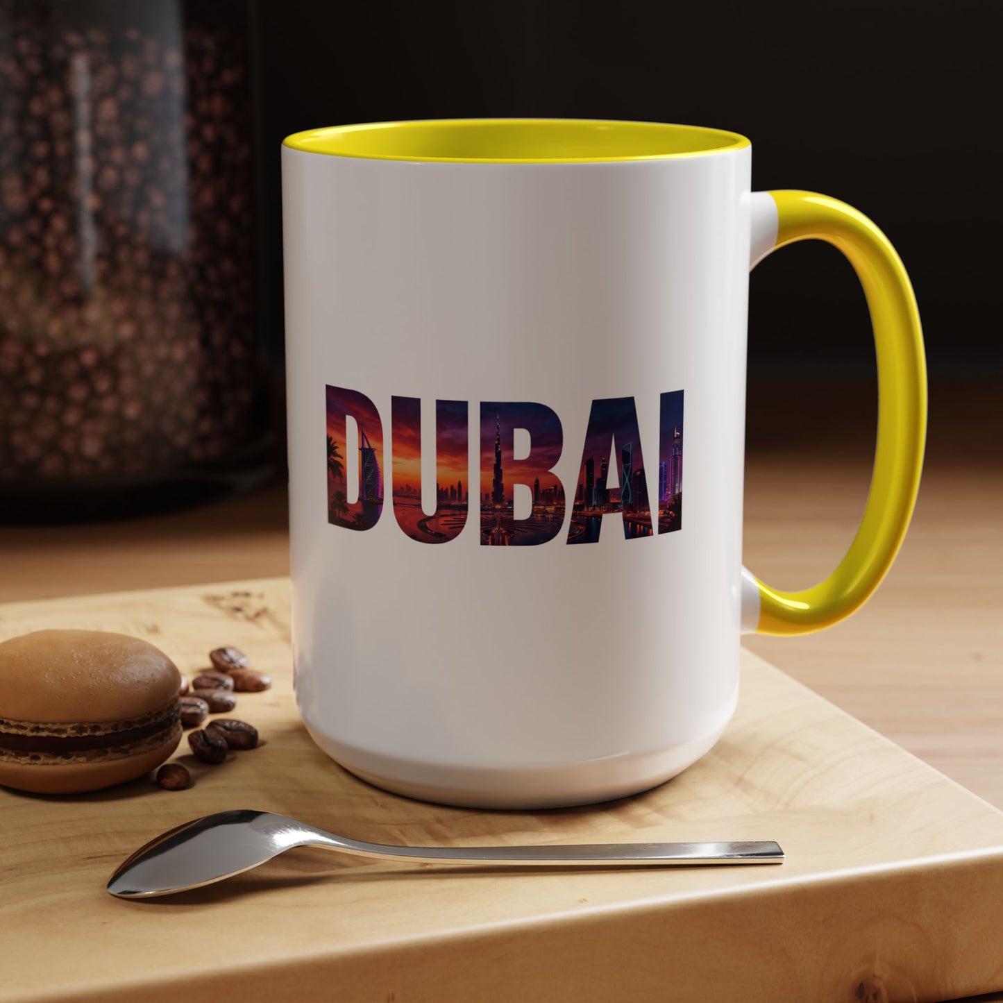 Dubai Skyline Accent Coffee Mug — Sunset City Photo Text (11/15oz)