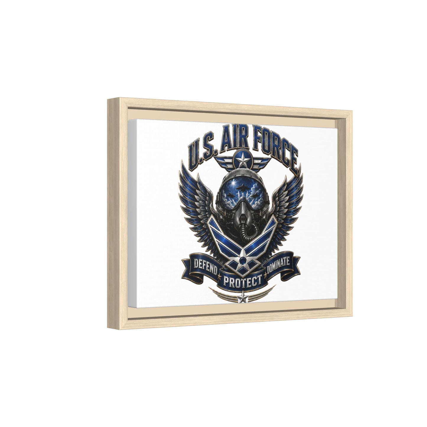 U.S. Air Force Emblem Framed Canvas Print – "Defend Protect Dominate" Military Wall Art