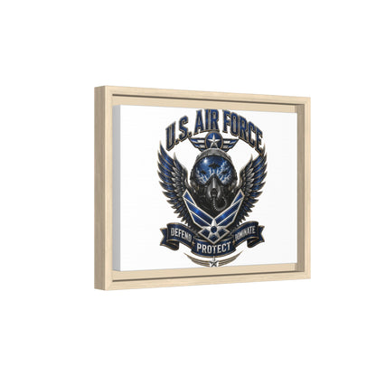 U.S. Air Force Emblem Framed Canvas Print – "Defend Protect Dominate" Military Wall Art