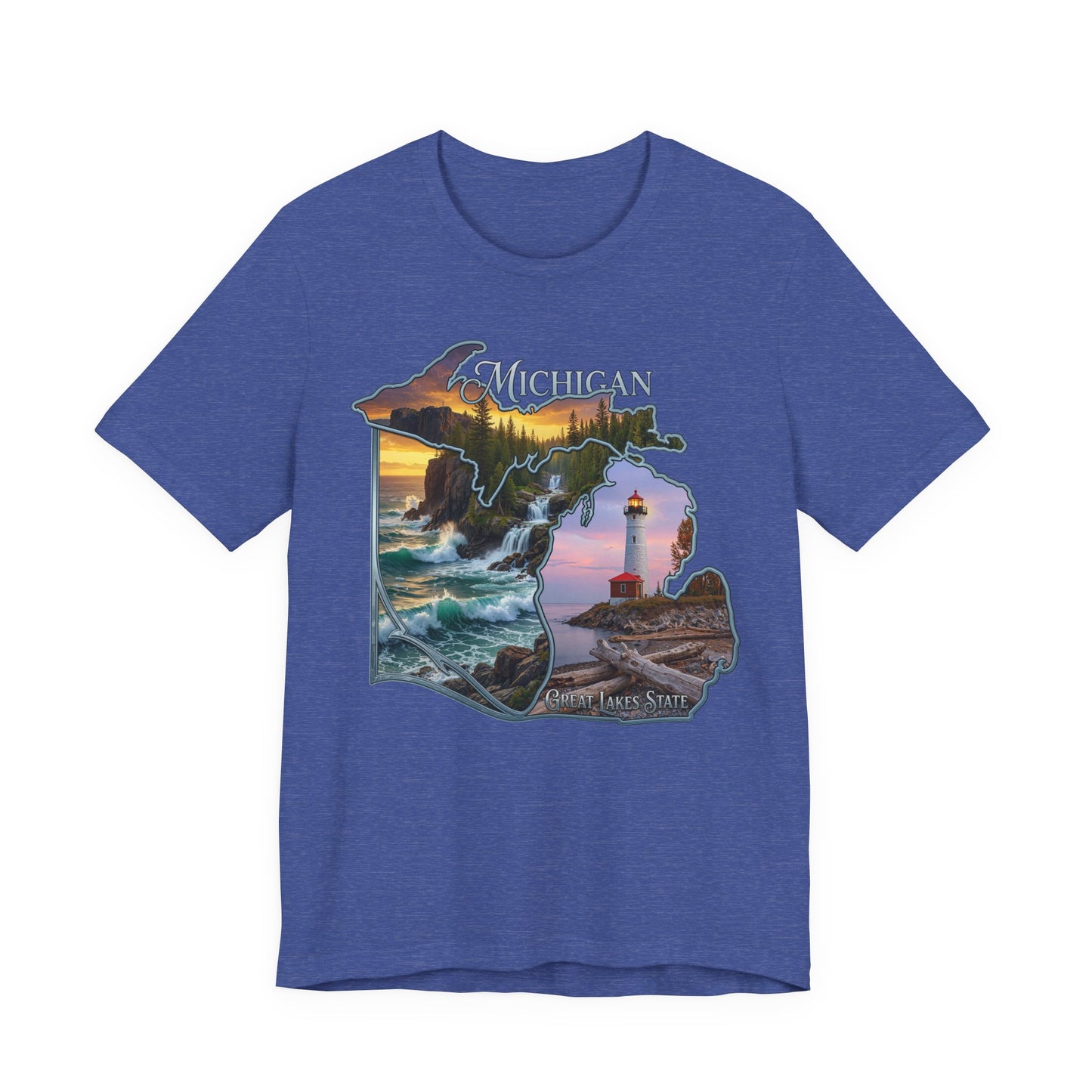 Michigan Scenic Map T-Shirt — Great Lakes Lighthouse Sunset Tee