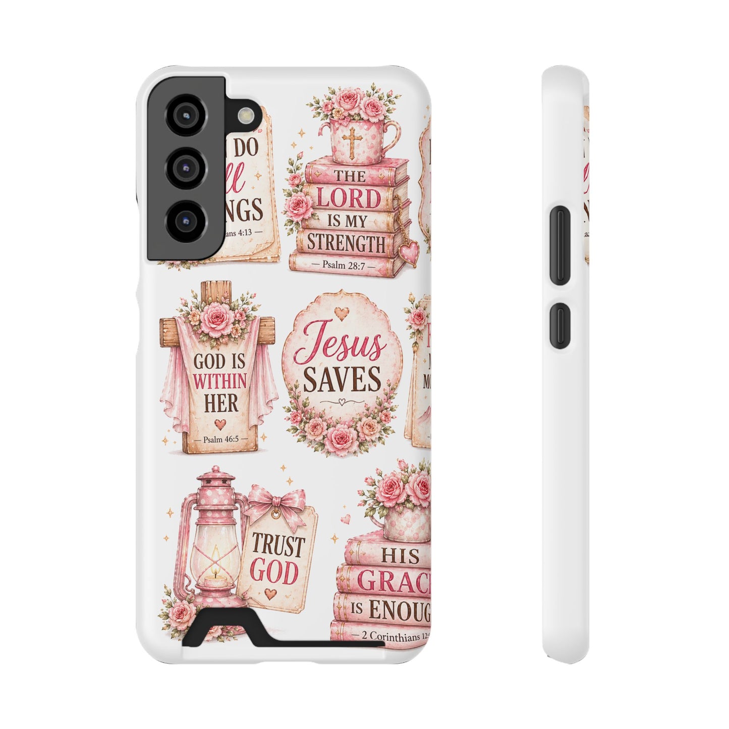 Christian Floral Phone Case with Card Holder — 'Jesus Saves' Inspirational Design