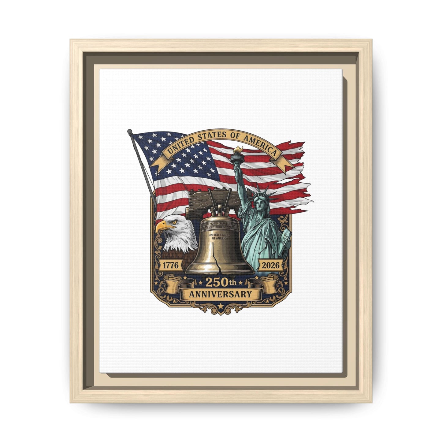 Liberty 250th Anniversary Framed Canvas Print — American Flag, Statue of Liberty & Liberty Bell Art