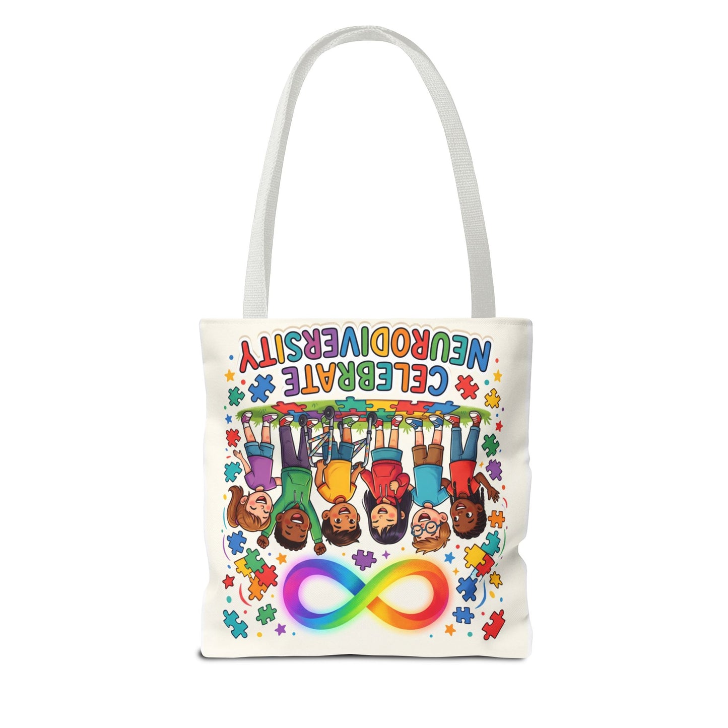 Celebrate Neurodiversity Tote Bag — Rainbow Infinity Symbol & Kids Design