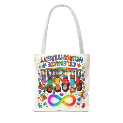 Celebrate Neurodiversity Tote Bag — Rainbow Infinity Symbol & Kids Design
