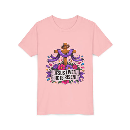 Youth Tee — "Jesus Lives, He Is Risen!" Easter Christian Tee