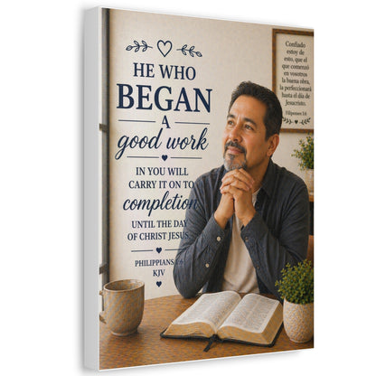 Stretched Canvas - "He Who Began a Good Work" Inspirational Christian Wall Art (Philippians KJV)