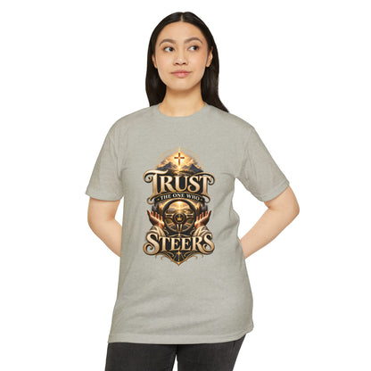 Trust He Steers T‑Shirt — Christian Faith Nautical Steering Wheel Design
